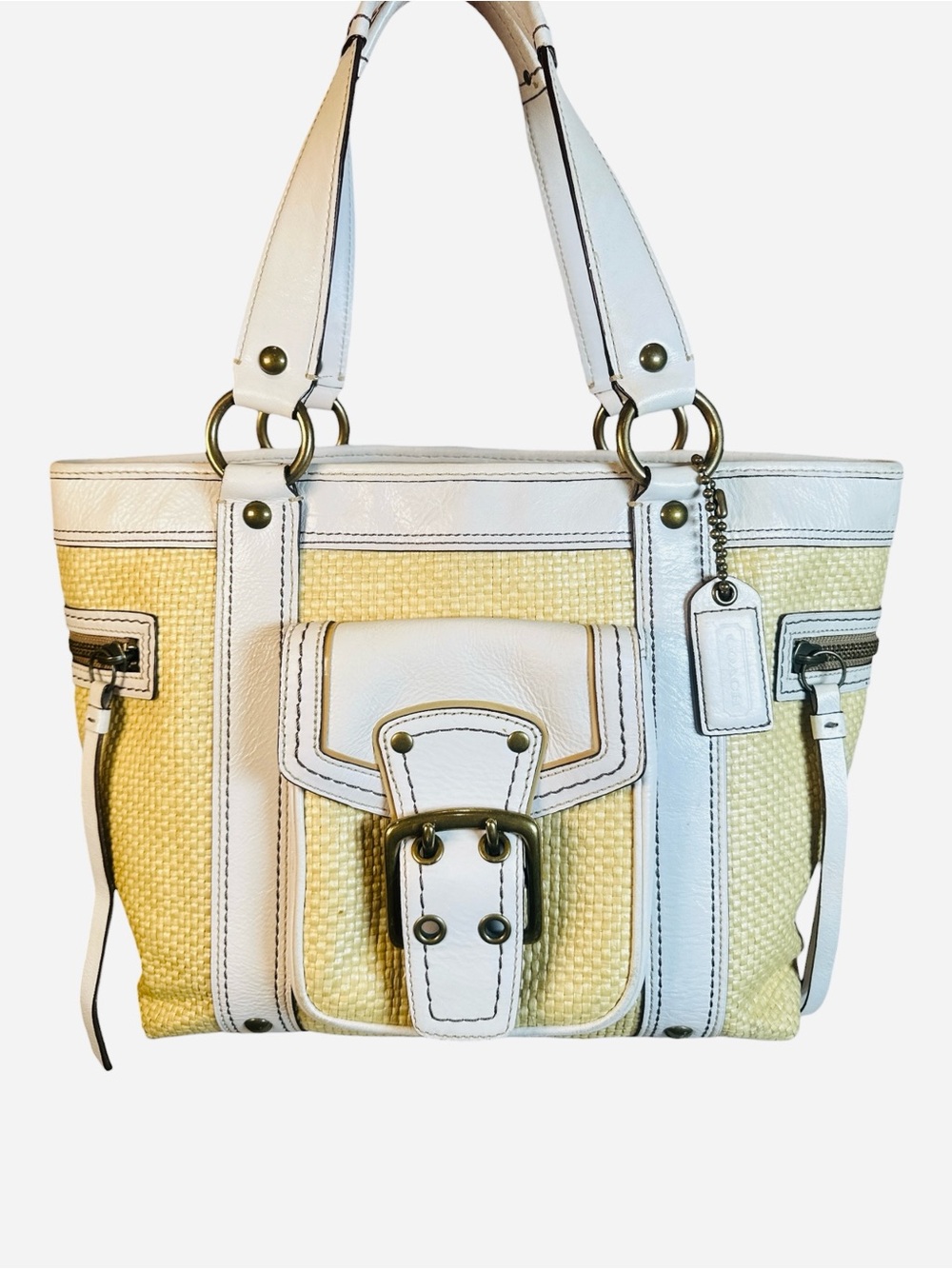 Coach Vintage Legacy Woven Straw White Leather Tote Bag